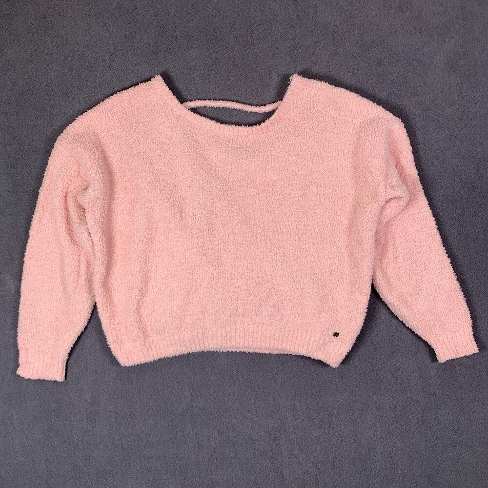 Hollister Sweater Womens Large Pink Fuzzy Soft Cutout Back Cozy Comfy Teddy Core